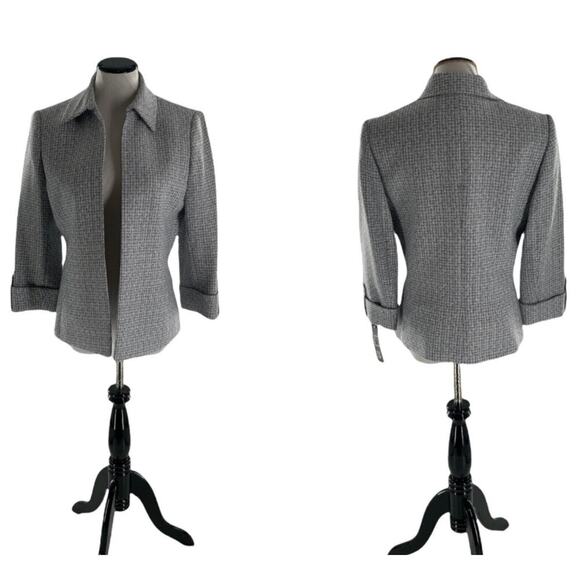 Tahari Blazer Womens Size 8 Gray White Open Front 3/4 Sleeve Collared Jacket - Picture 1 of 8